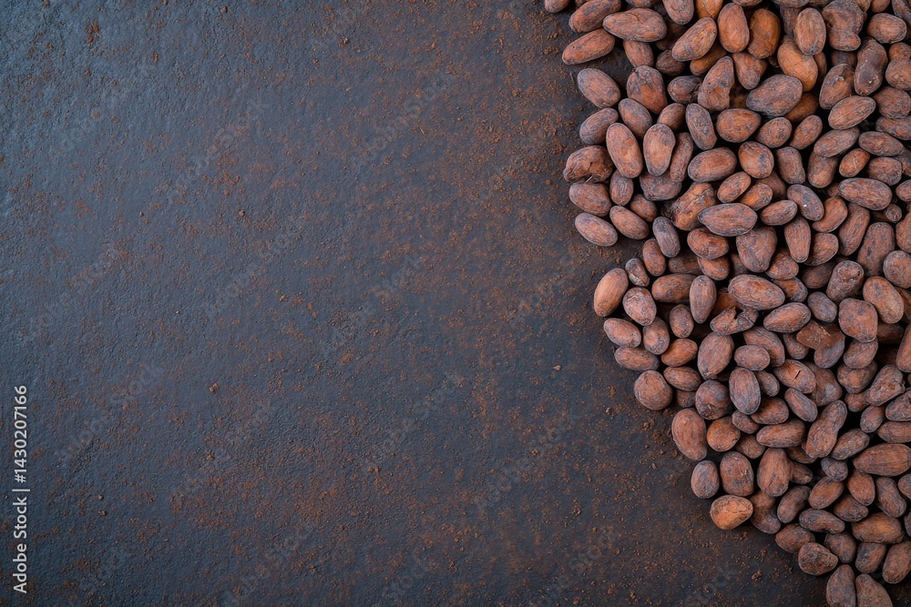 Poster Dark chocolate shards and whole cocoa beans are scattered on a textured surface, with soft lighting creating a warm and inviting atmosphere perfect for culinary art