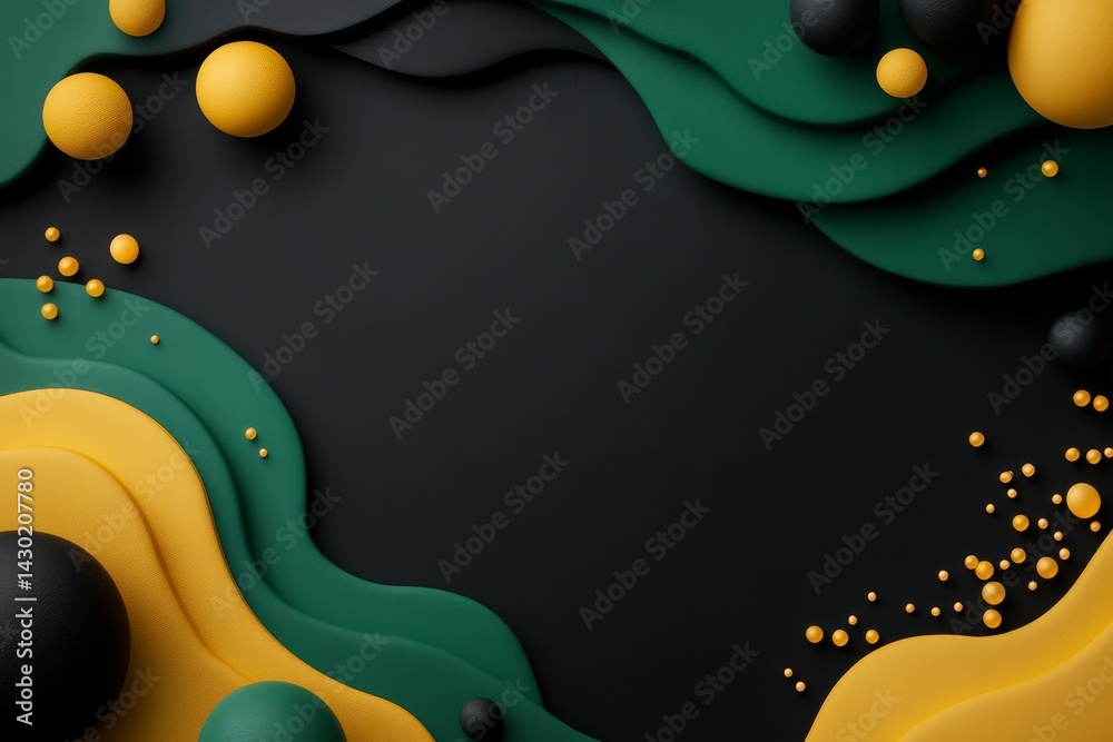 Poster Bright abstract background features flowing shapes and patterns in green, yellow, and black, creating a modern design that is visually engaging and energetic