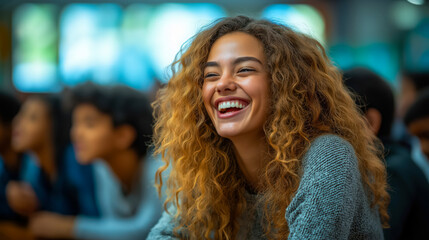 Teacher laughing with students during casual classroom interaction