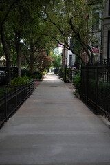 Charming sidewalk lined with wrought iron fencing and lush green plants on both sides. Perfect stock image for urban garden, peaceful stroll, neighborhood design, and seasonal outdoor themes