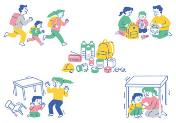 Disaster prevention goods and evacuating family set_color