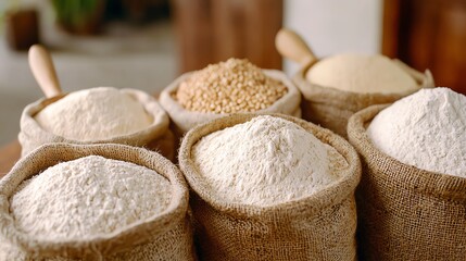 Grain and flour varieties in open sacks with scoops on farm table