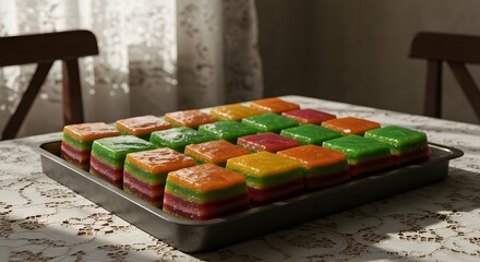 Vibrant Layered Rainbow Cakes on a Table in Sunny Room, Delicious Homemade Dessert, Sweet Treat, Colorful Confectionery