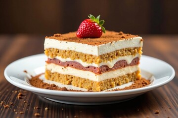 Elegant layered tiramisu, dusted with cocoa, isolated on white , confection, studio