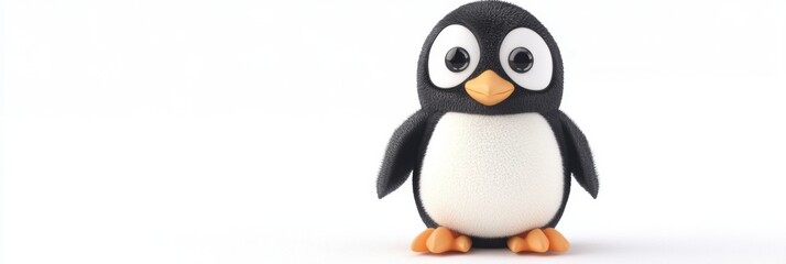 Fototapeta premium Baby Penguin Standing Upright With Big Eyes on Soft White Background, Showcasing Its Adorable Features and Plush Texture Generative AI