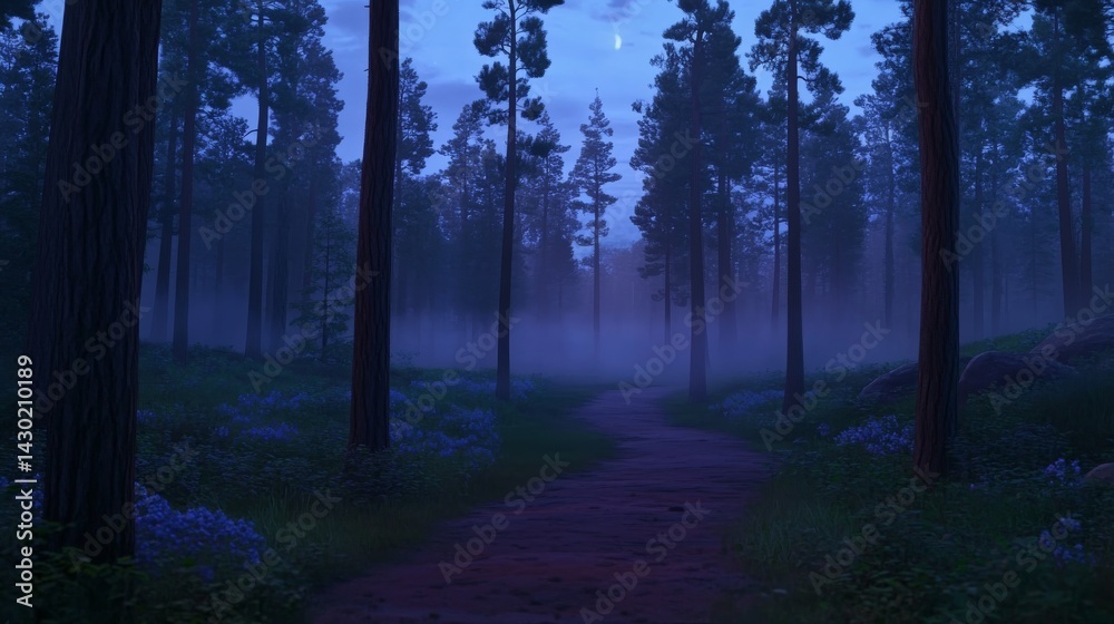 Poster a winding path cuts through a misty forest, illuminated by moonlight. fog envelops tall trees, creat