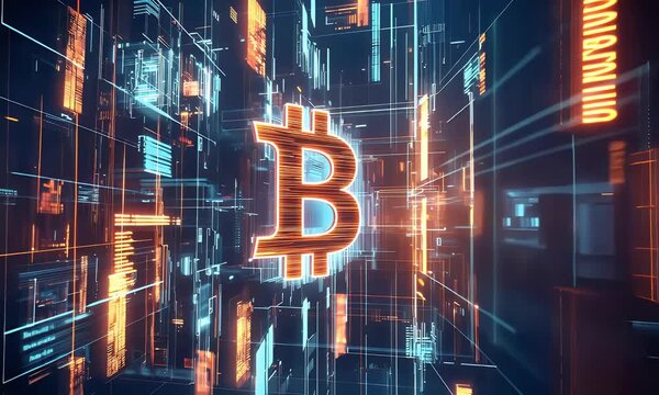 Bitcoin glowing in a futuristic digital world, symbolizing cryptocurrency, blockchain, and modern finance technology.