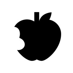 Black silhouette of an apple with a bite taken out of it and a stem and leaf on a white background view