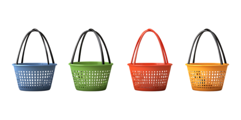 Colorful Plastic Baskets Against Transparent Background for Retail, Shopping, or Market Design Projects