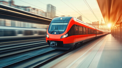 Fototapeta premium A red and silver train is speeding down the tracks. The train is surrounded by a cityscape, with buildings in the background. Concept of motion and energy, as the train rushes past the viewer
