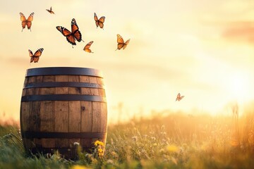 Obraz premium Wooden barrel filled with freedom, surrounded by monarch butterflies at sunset.