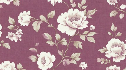 Floral wallpaper design featuring white blossoms on a mauve background.
