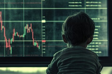 A young child observes a stock market chart, representing the future of finance and early exposure to investment.
