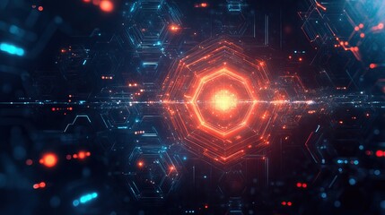 Obraz premium Dark futuristic background with illuminated hexagonal patterns, high-tech industrial feel, glowing red and cyan lights, ultra HD 