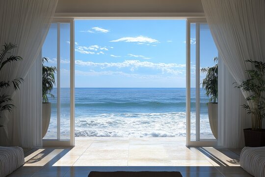 Fototapeta Serenity seen from a coastal living space with ocean view and gentle waves