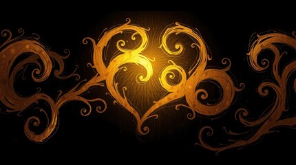 Golden heart, ornate swirls, dark background