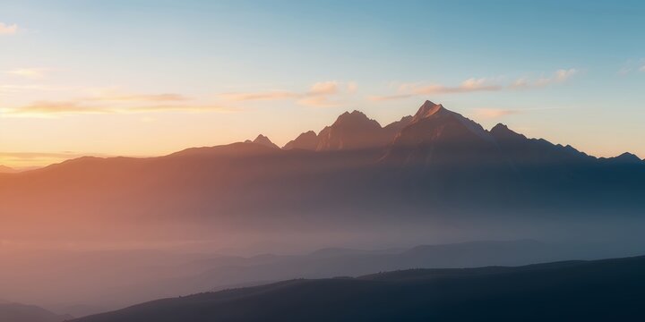 A serene landscape unveils a majestic mountain range silhouetted against a pastel sunrise, with - Powered by Adobe