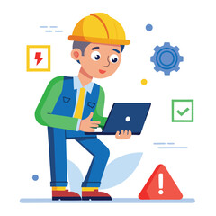 male engineer checks the program and discovers an error. Hand drawn style vector design illustrations.