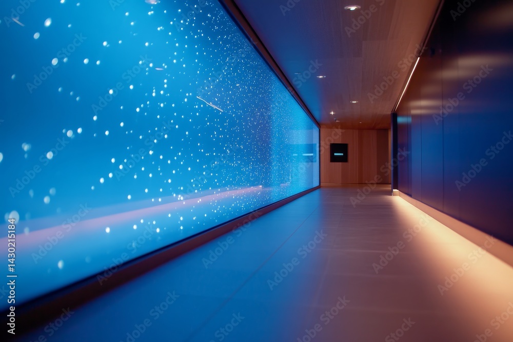 Poster Wide-angle view showcases a glowing blue cyberspace design featuring dot waves and lines, creating a modern perspective on network security with ample copy space