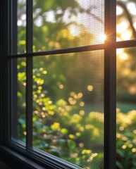 Naklejka premium Sunlight shining through a mesh window screen with a green forest view outside, capturing a calm, quiet, and warm early morning moment with soft light and gentle focus