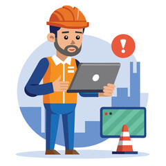 male engineer checks the program and discovers an error. Hand drawn style vector design illustrations.