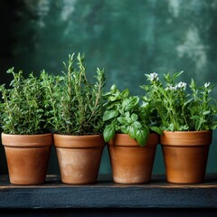 Fototapeta premium Fresh herbs arranged in clay pots on a market table with a pastel backdrop showcasing natural and local products for sale