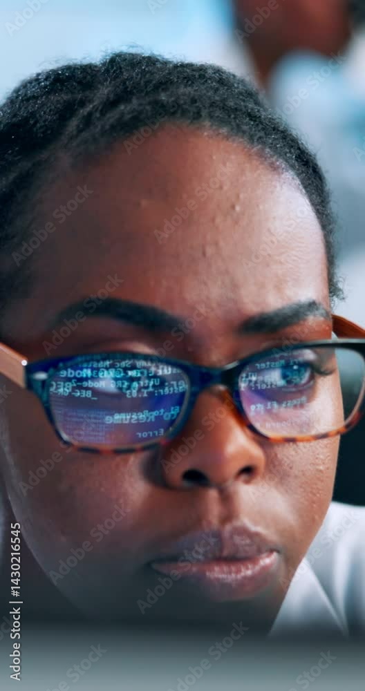 Poster Programming, glasses and black woman developer with code, computer or web design. Desktop, face and website development with African employee in workplace for administration, reading and network