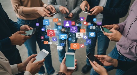 A close-up of a group of people intently using their smartphones, surrounded by floating social media and communication icons.