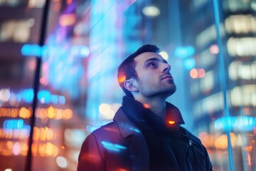 Fototapeta premium Man gazes upward at vibrant city lights during a nighttime stroll