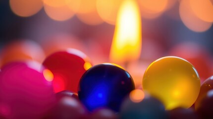 Colorful orbs nestled around a warm flame