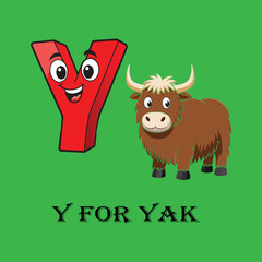 Y for Yak Image – Fun Alphabet Learning Picture for Kids on green background of vector illustration