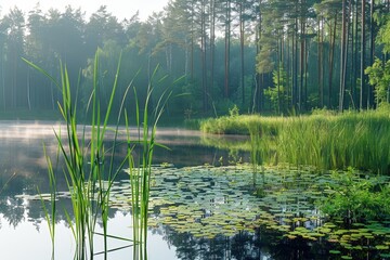 Obraz premium Serene lake surrounded by lush greenery and tall reeds at dawn.