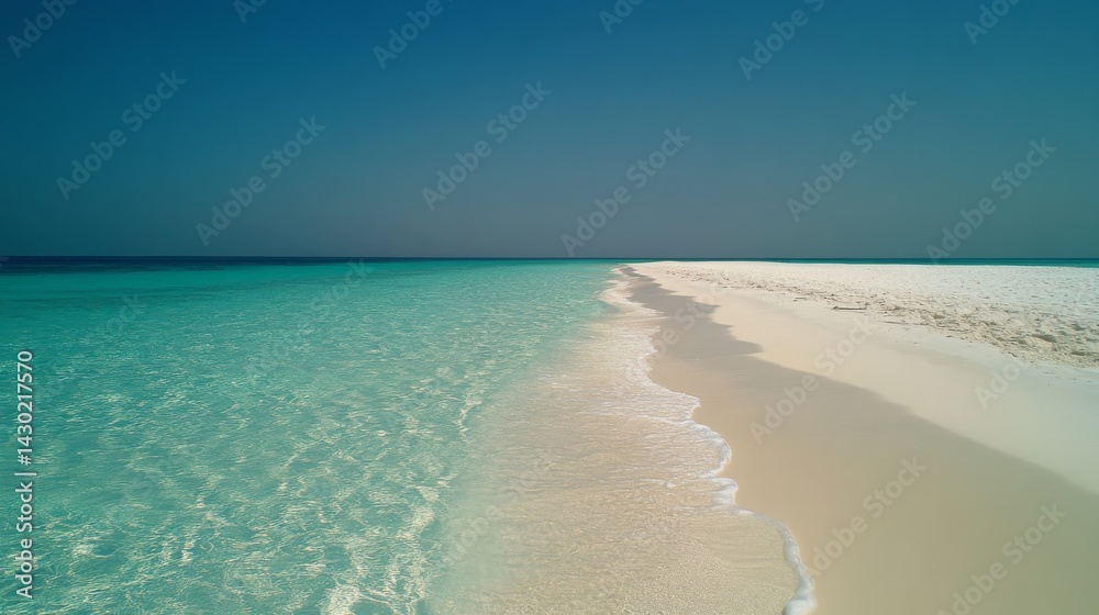 Poster sandy beach features gentle waves lapping the shore under a clear sky, offering an ideal setting for