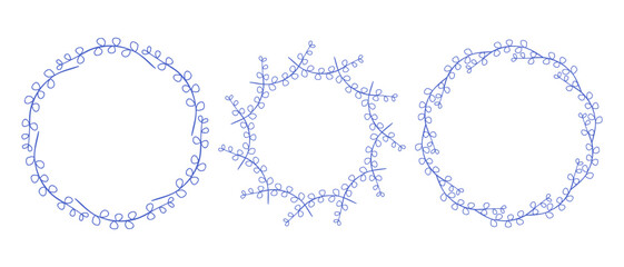 Mediterranean blue branches circle frame set. Hand drawn round line border, leaves and flowers, wedding invitation and cards, logo design and posters template. Elegant minimal style floral set
