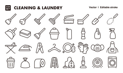 Cleaning and laundry line icon set. Vector editable stroke icon.