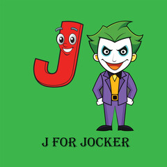 J for jocker Cartoon Image – Fun Alphabet Learning Picture for Kids on green background of vector illustration
