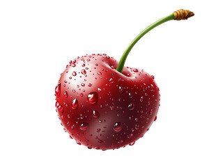 Single Red Cherry with Water Droplets on Transparent Background, PNG