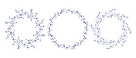 Mediterranean blue branches circle frame set. Hand drawn round line border, leaves and flowers, wedding invitation and cards, logo design and posters template. Elegant minimal style floral set