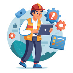 male engineer checks the program and discovers an error. Hand drawn style vector design illustrations.
