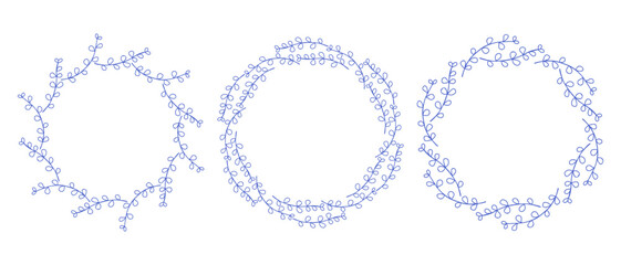 Mediterranean blue branches circle frame set. Hand drawn round line border, leaves and flowers, wedding invitation and cards, logo design and posters template. Elegant minimal style floral set