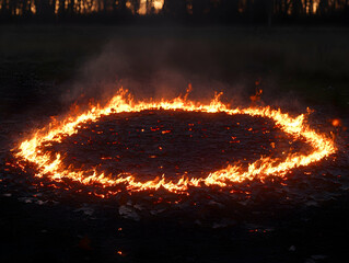 Ring of fire on the ground glows orange against the dark background Haze of smoke above