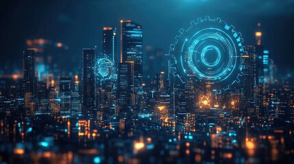 Obraz premium Cyber Cityscape with Futuristic Tech Elements