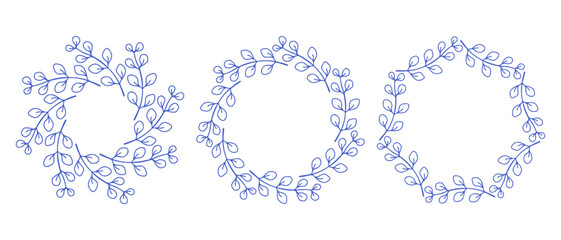 Mediterranean blue branches circle frame set. Hand drawn round line border, leaves and flowers, wedding invitation and cards, logo design and posters template. Elegant minimal style floral set