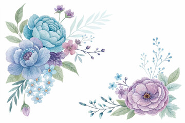 The image features two elegant watercolor arrangements of blue and purple flowers, complemented by gentle green foliage against a white background