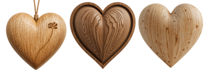Three Wooden Hearts with Natural Grain Patterns on Transparent Background