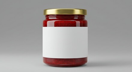 Strawberry Jam Jar Mockup – Minimalist Label	Vibrant jam jar mockup featuring a red jam-filled glass container with gold lid and white minimal label. Ideal for jam brands, artisan preserves.