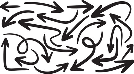 Hand drawn arrow vector icons set. Sketch arrow design for business plan and education. Set of arrows black icons. Circle arrows, rotate arrow, redo process symbol with vector file	