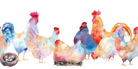 Cockerels and hens abstract colorful poultry, nest with eggs hand drawn watercolor illustration isolated on white. Seamless border of domestic animals and birds for farm, village, country web design © Eva Kleinman