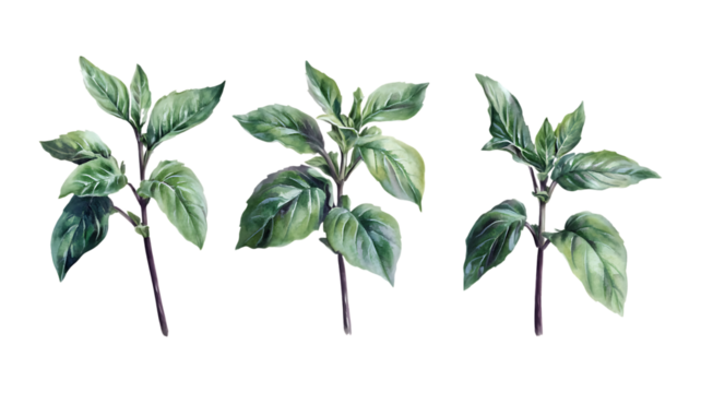 Purple Basil Sprigs Against Transparent Background