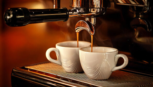 Close up shot of espresso pouring into two ceramic cups from shiny espresso machine, creating rich and inviting atmosphere. warm tones enhance cozy feeling